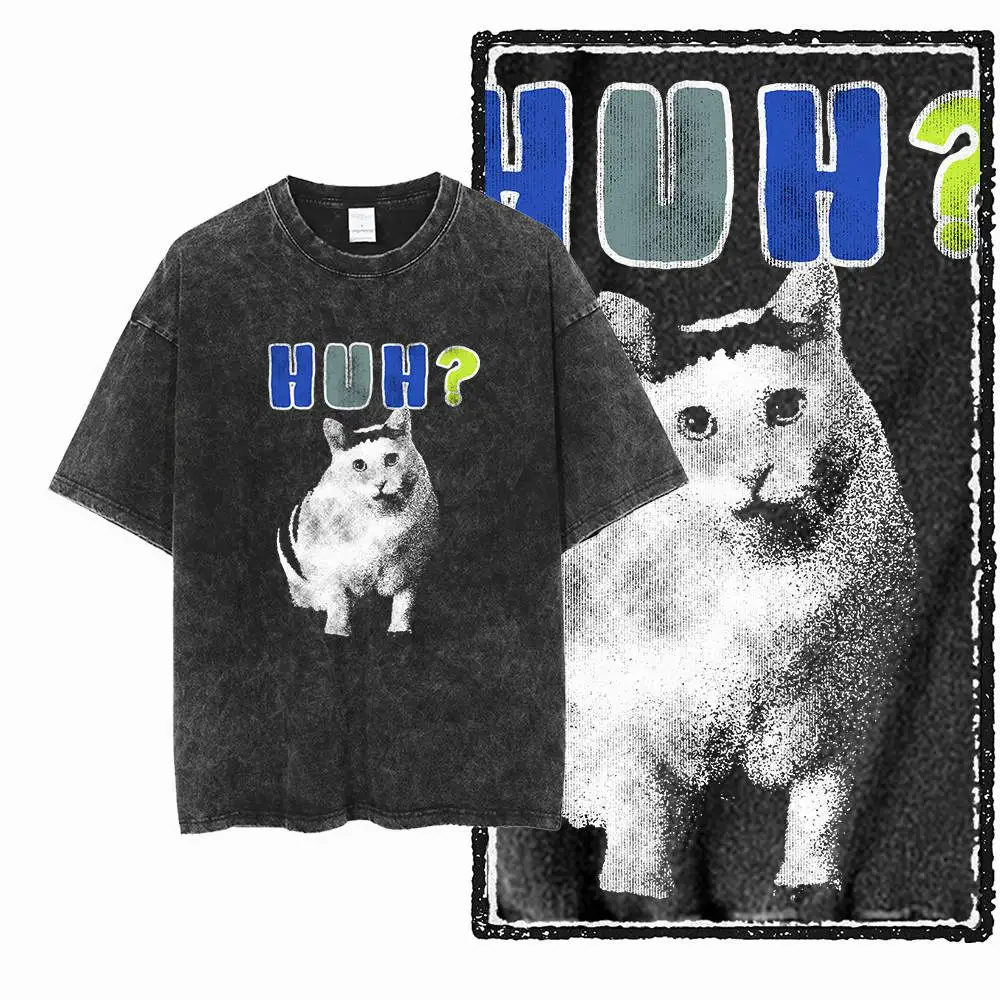 Huh Cat Meme Confused Cat Graphic Print Washed Distressed Big Size Cotton Men's Humor T-Shirt G80
