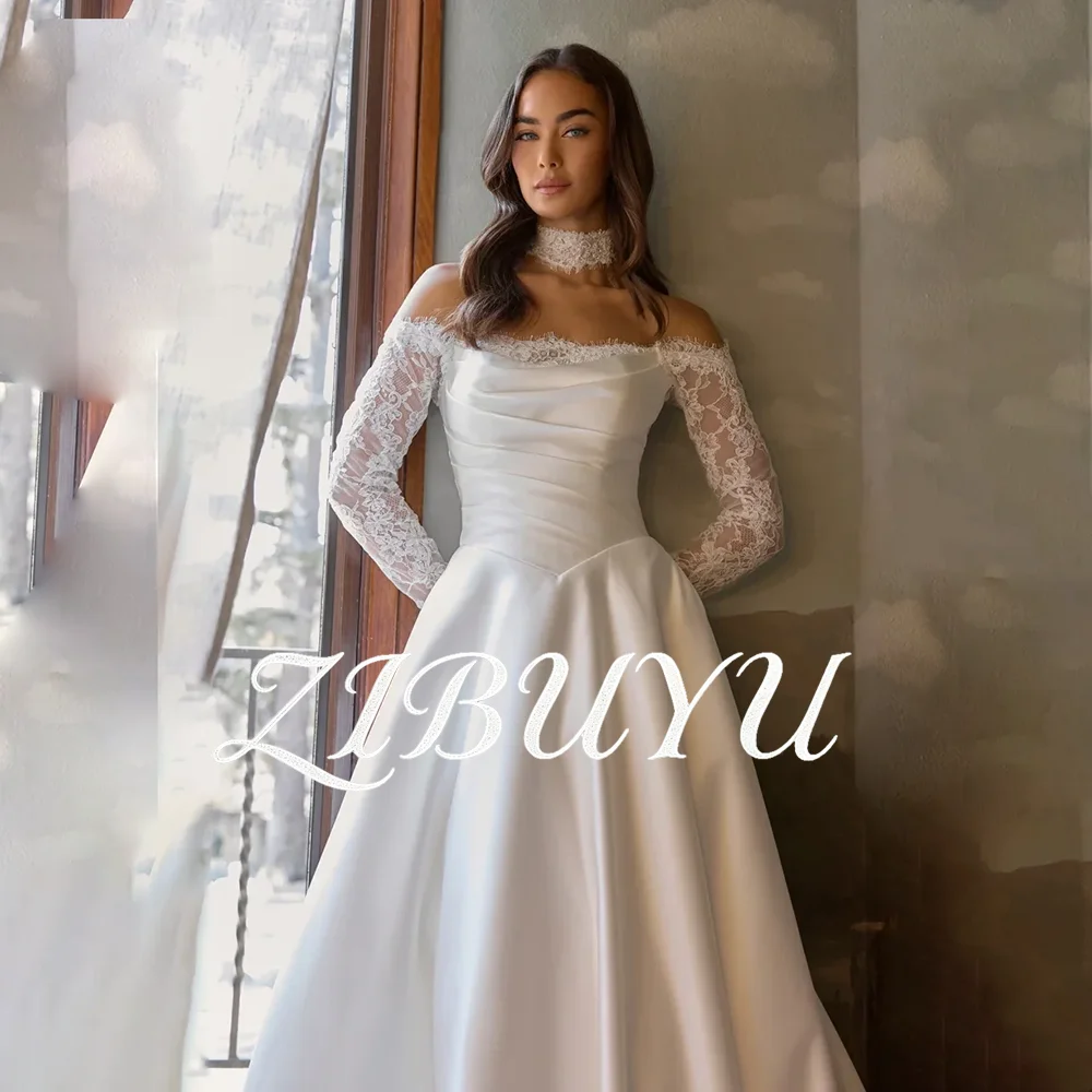 

ZIBUYU Customized Vintage Satin Wedding Dress Off Shoulder Lace Long Sleeves Ruched Bodice Detachable Lace A-Line Bridal Gowns