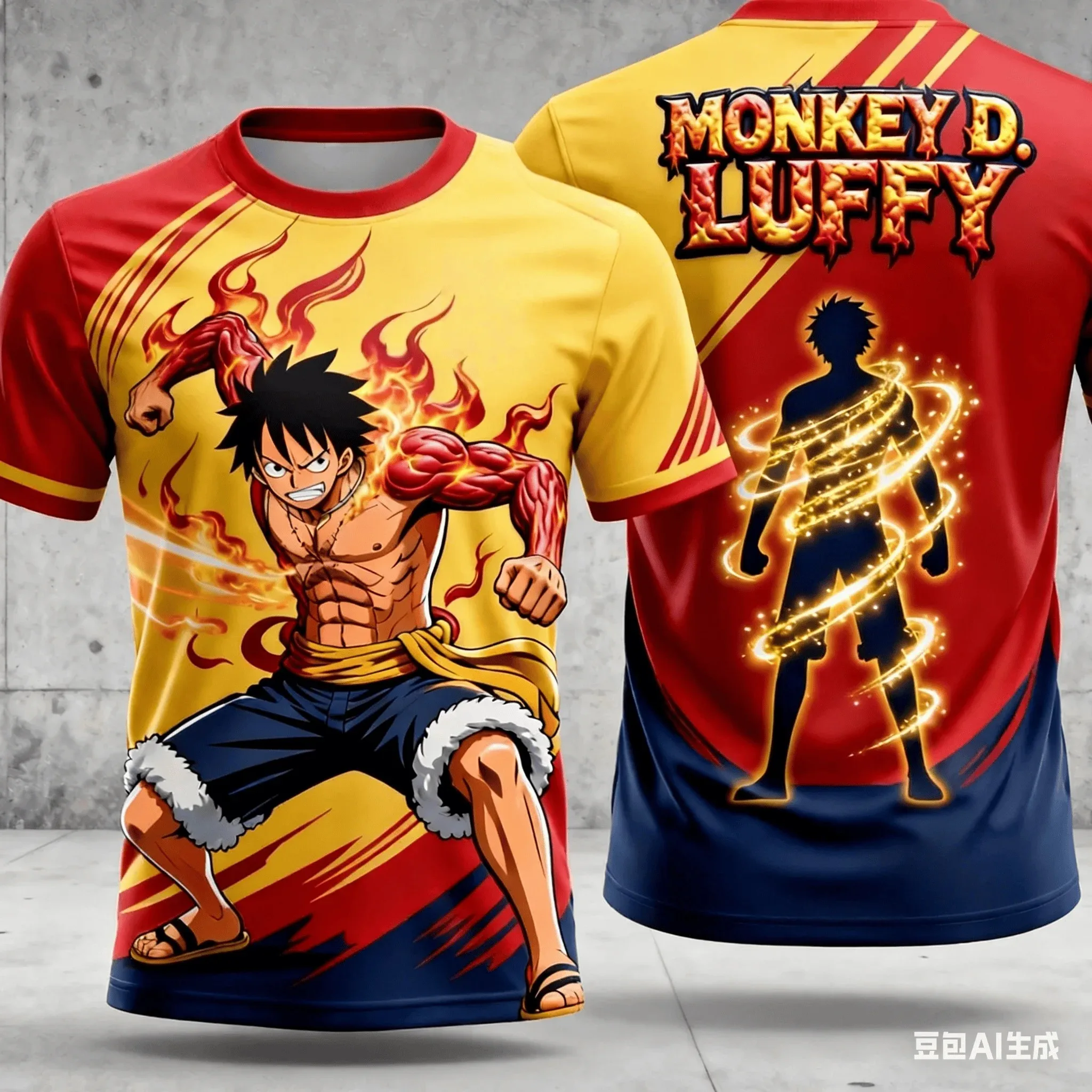 One Piece Edition T-Shirt mit 3D Vierstufigem Flammen-Farbverlauf Kurzarm Street-Style Anime Lockeres Oberteil