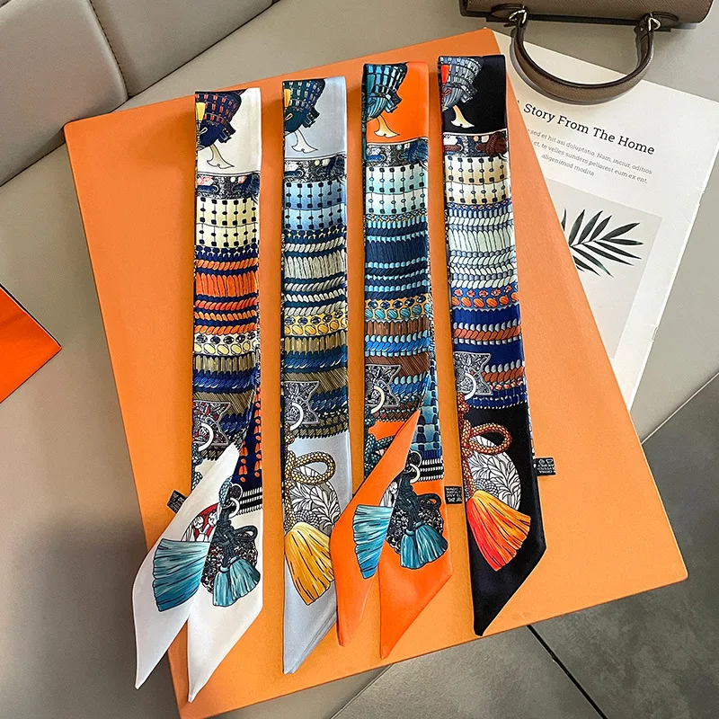 

New Fashion Retro Pinrt Bag Luxury Designer Womens Silk Scarf Headwear Long Skinny Tie Scarves Ribbon Accessories Summer