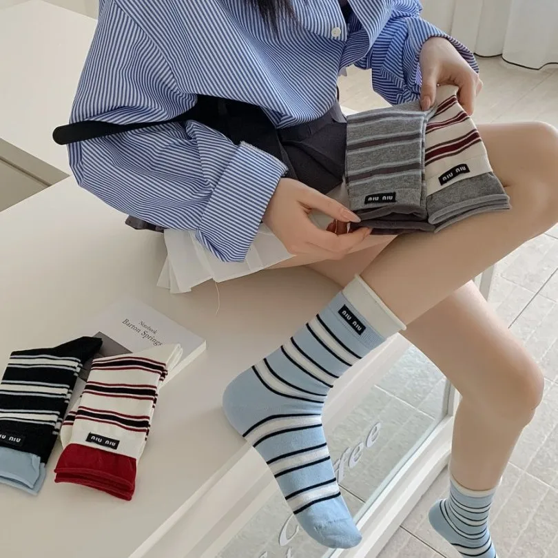 Women Socks Spring Summer Thin Breathable Double Ribbed Cotton Socks Striped Women Girls Casual Sports Fashion Loose Long Socks