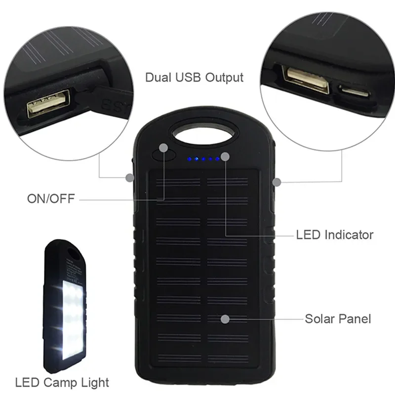 100% Real Capacity Waterproof Solar Power Charging Bank 6000mAh Portable Solar Charger Emergency Power Supply