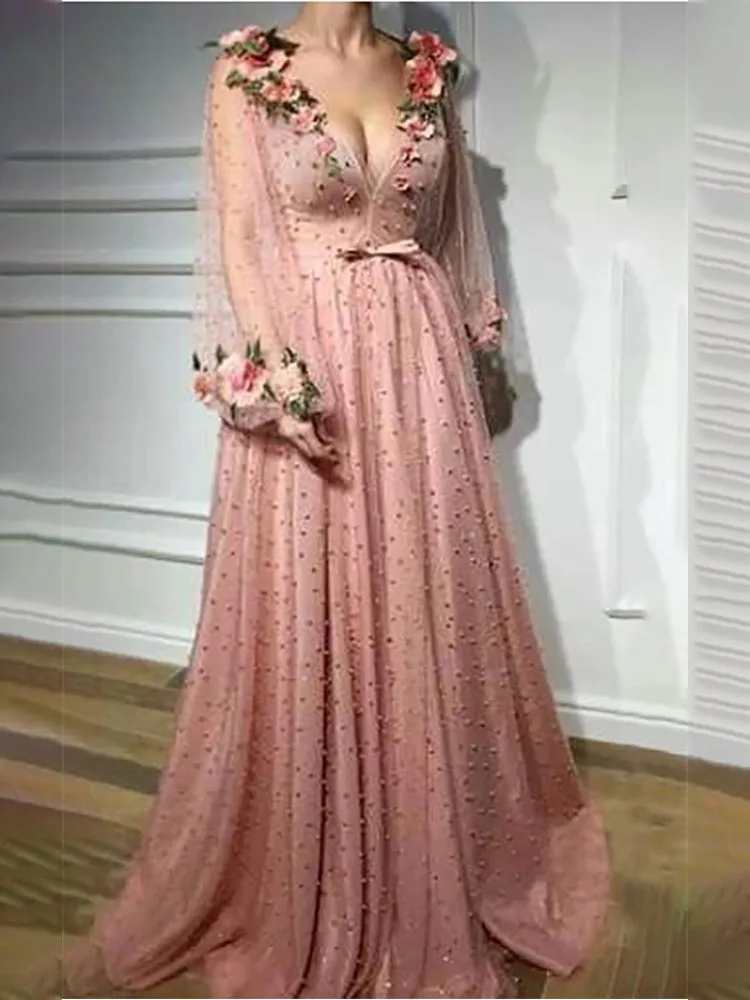 Sexy Blush Plunged Puff-long-sleeve Pleated Floral Formal Evening Dress A-Line Woman Formal Wedding Guest Evening Prom Dresses