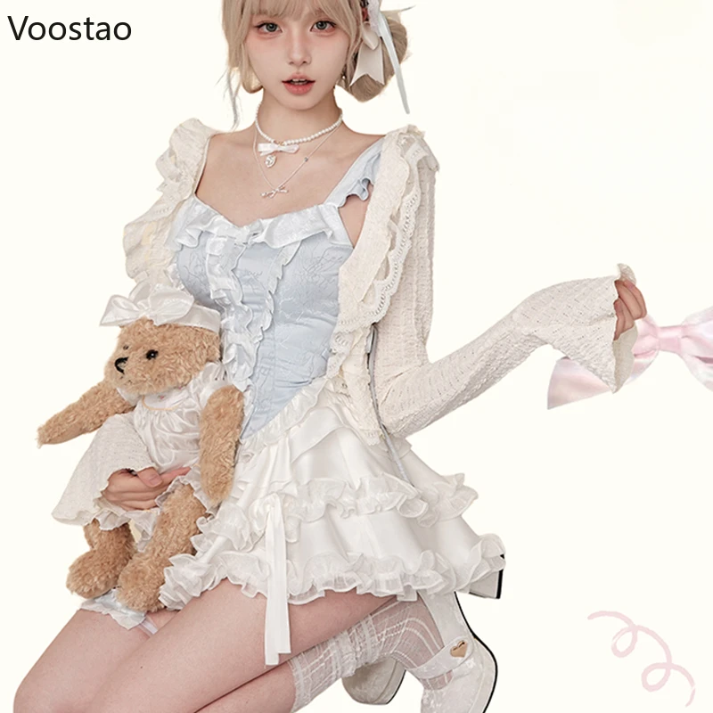 Sweet Lolita Style 3 Piece Set Women Kawaii Casual Short Cardigan Slim Lace Camisole Vest Y2k Mini Skirt Korean Female Y2k Suit