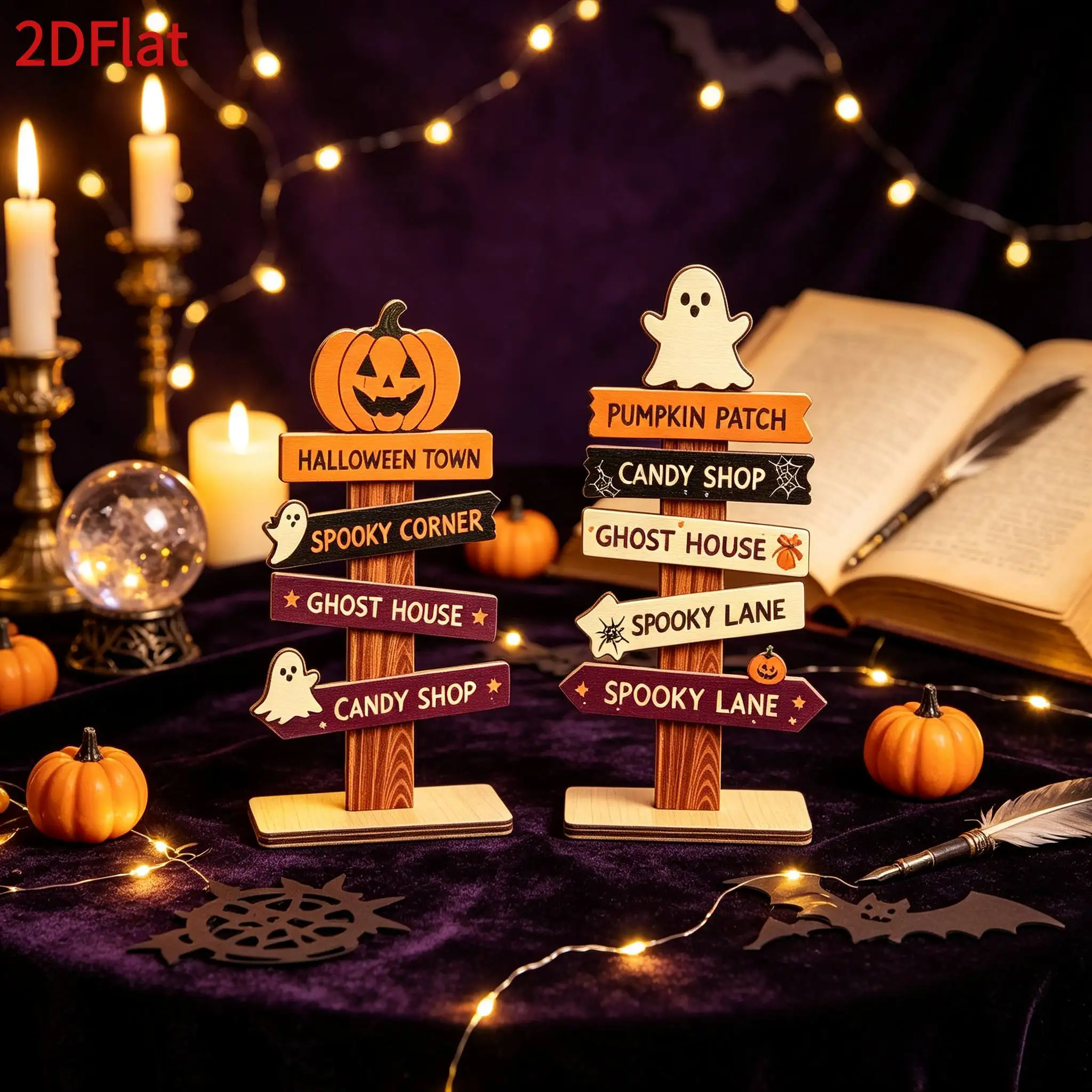 4/2 Pieces of Randomly Assorted Halloween Wooden 2D Flat Standing Directional Signs for Tabletop Decoration, with Pumpkin and Ghost Shapes on the Top, Multi-Layered Arrow Signs with Fun Text Slogans Like 