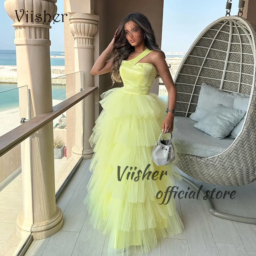 

Viisher Yellow A Line Evening Dresses One Shoulder Tiered Tulle Satin Long Prom Party Dress Floor Length Arabic Celebrate Gown