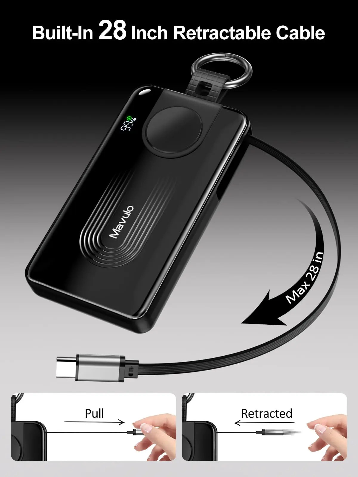 10000mAh Portable Charger for Samsung Galaxy Watch 6/6 Classic/5 Pro/4/3 Active 2/1 Power Bank 20W Fast Charging Retractable USB-C Cable Keychain Design LED display Travel Essentials Battery Pack for iPhone 15-17 Series view 3