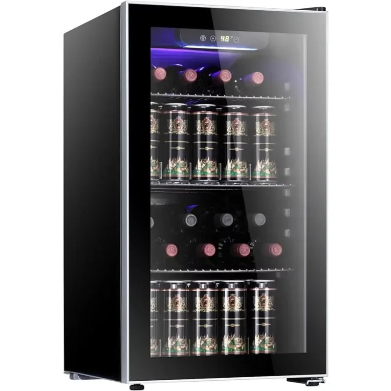 Enfriador de vino Antártico Star/refrigerador de bebidas para gabinete, mini bodega, cerveza, refrescos, puerta de vidrio transparente, refrigerador de barra, 3,2 pies cúbicos, negro