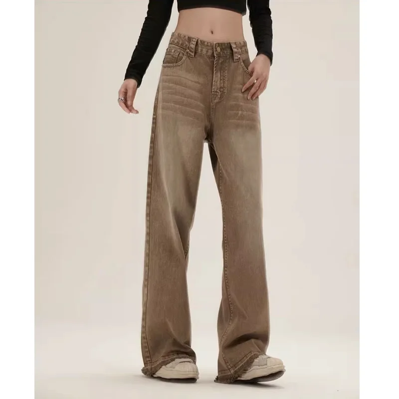 Brown NEW Y2k Loose Women\'s jeans American High Street Worn out Wide Leg Pants TIKTOK Hip-hop Rock and Roll Style Baggy Trousers