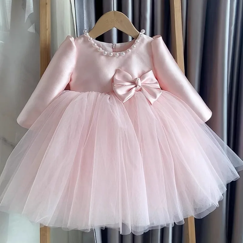 Baby Girl Pink Dress Flower Girl Baby Full-Year Princess Dress High-End Gauze Dress Children's Pettiskirt Dress
