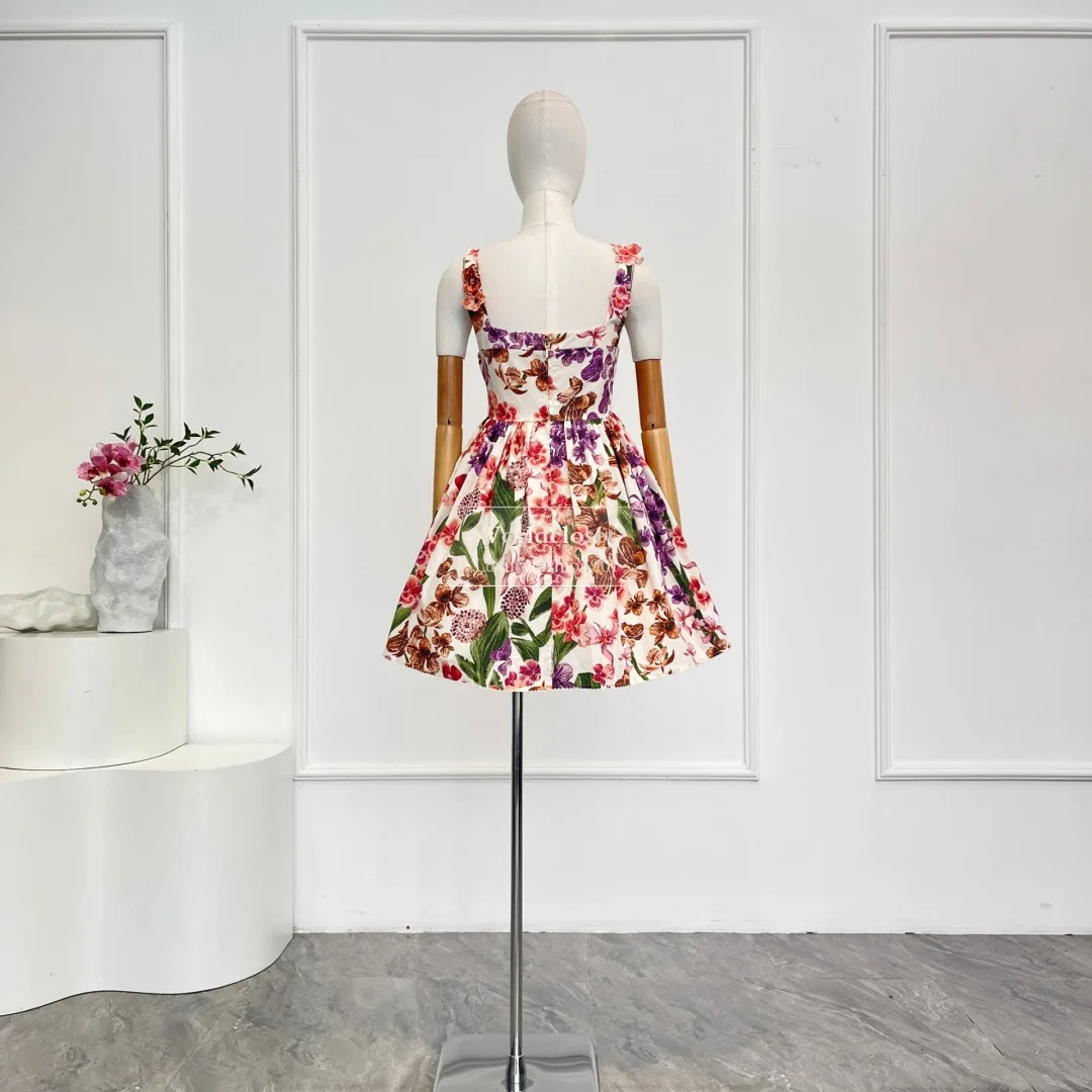 赤紫の花柄プリント花飾り付きノースリーブミニドレス 2025年新作 高品質