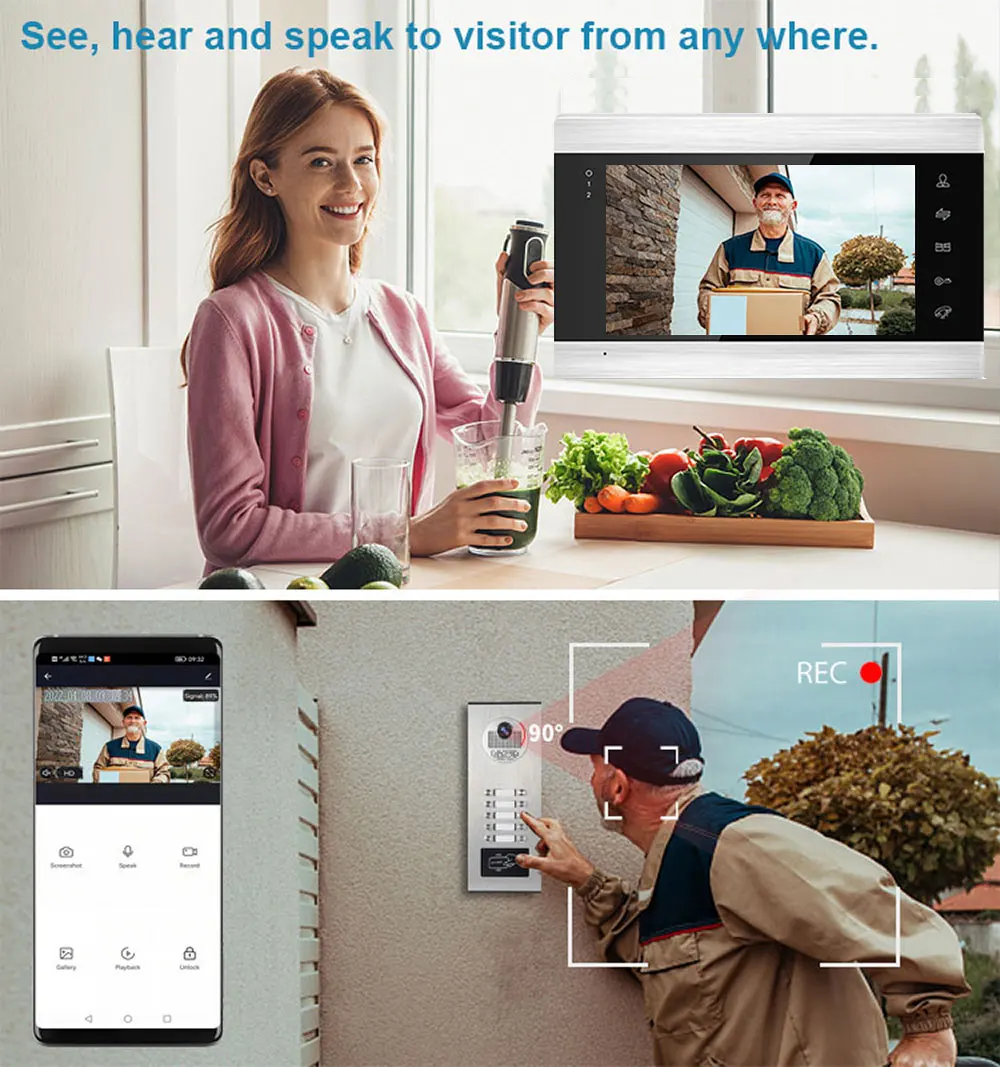 New 7 Inch Screen Tuya Wifi Video Intercom for 2/3/4/6 Unit Apartments  with with RFID Card / APP Unlock Doorbell Camera Systerm