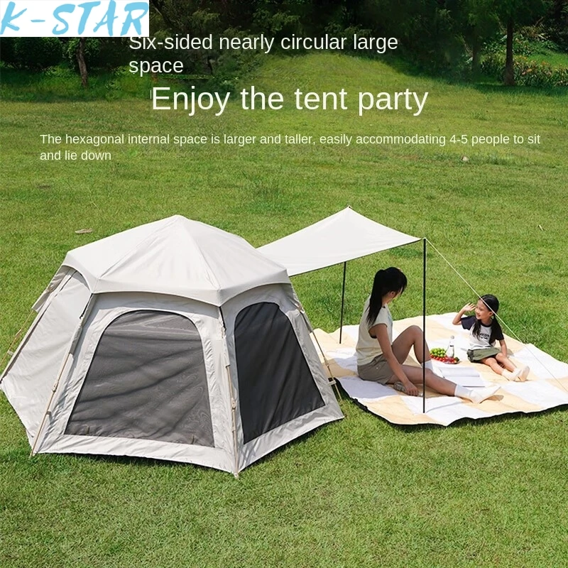 K-Star Outdoor Hexagonal Tent Canopy 2-in-1 Portable Folding Full Set Camping Thick Black Rubber Sunscreen Outdoor Camping 2024