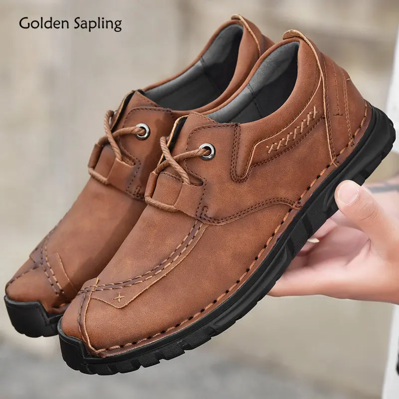 Golden Sapling Loafers Men Genuine Leather Flats Comfortable Men's Casual Shoes Work Safety Leisure Footwear Sewing Design Shoe