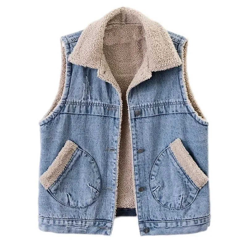 

2024 Autumn Winter Jean Vest Women Street Trend Sleeveless Fleece Liner Short Denim Jackets Boyfriend Style Lapel Warm Plush