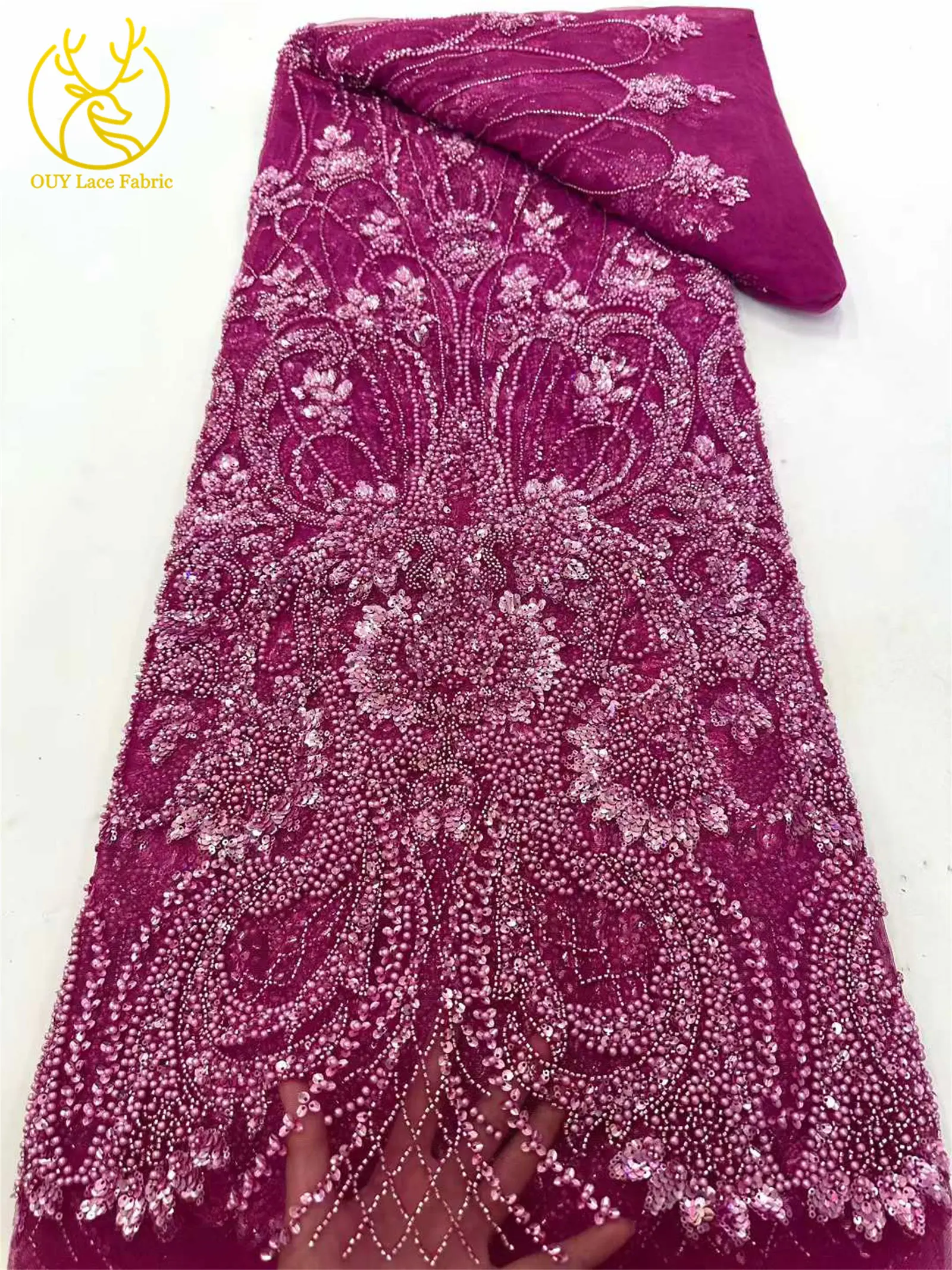 2026 Eleganter, hochwertiger afrikanischer nigerianischer Perlen-Spitzenstoff, luxuriöses französisches Pailletten-Netzgewebe, 5 Yards für Damen-Abendkleider und Partys – Detail 10