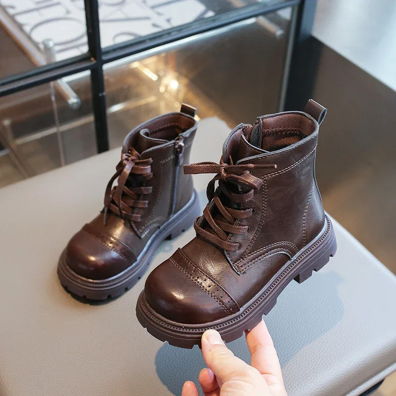 Kids Ankle Boots 2024 Autumn Boy Girls Zip Shoes Child for Sewing Pu Shoe Children's Fashion Square Non-slip Booties Black Brown