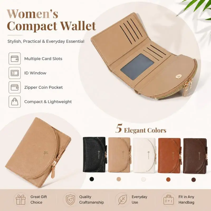 Elegant Women’s PU Leather Wallet Slim Compact Card Holder with Zipper Coin Compartment Multiple Card Slots & ID Window