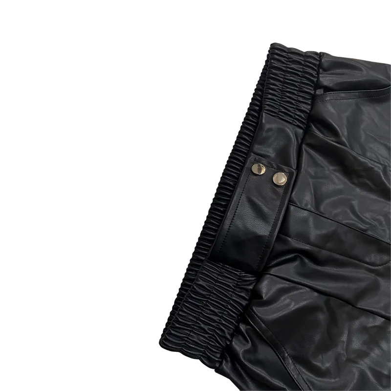 Slergiri Pantaloncini al ginocchio in pelle nera da donna 2025 Autunno Inverno Tasche in vita alta elastica Pantaloncini casual a gamba dritta