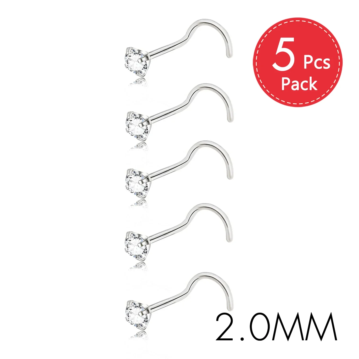 CZ Gem Stainless Steel Nose Piercing Studs, 5Pcs Set