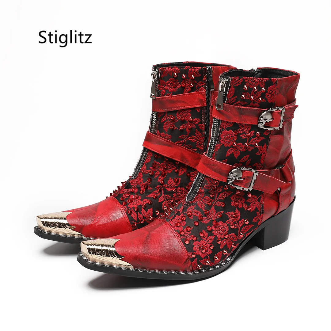 

Red Flowers Embroidery Men's Boots Genuine Leather Patchwork Chelsea Ankle Boots Belt Buckle High Heeled 6.5Cm Wedding Shoes