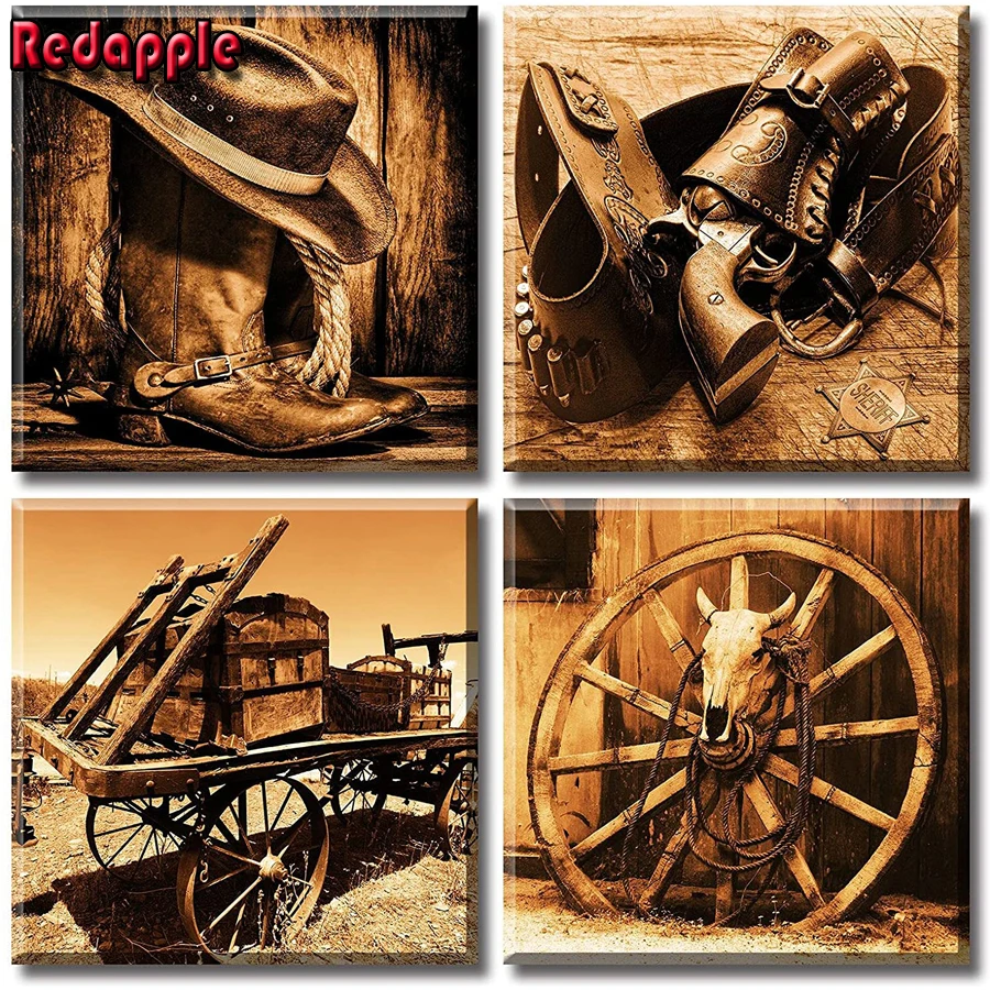 Western Decor Cowboy Wall Art for Adults, 5D Diamond Painting, Full Square Drill, DIY Diamond Embroidery, 4 Pcs