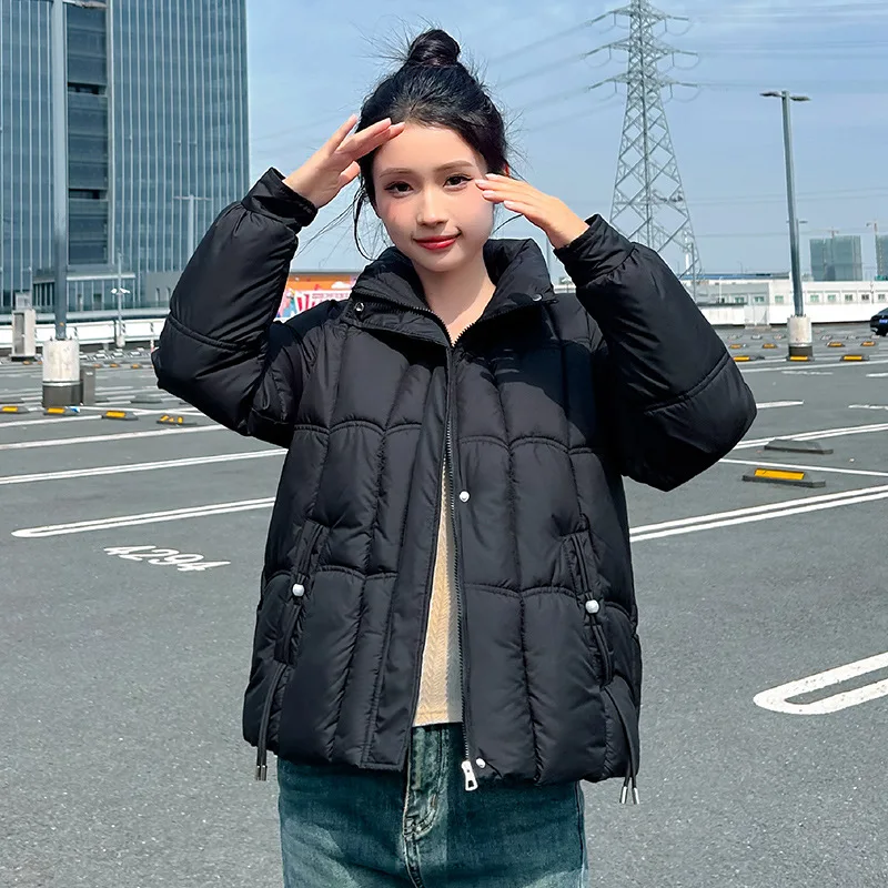 Parka Cappotti Donna Giacche corte Tasca con cerniera solida Colletto alla coreana Maniche lunghe Vestibilità ampia Spessa Office Lady Casual 2025 Inverno
