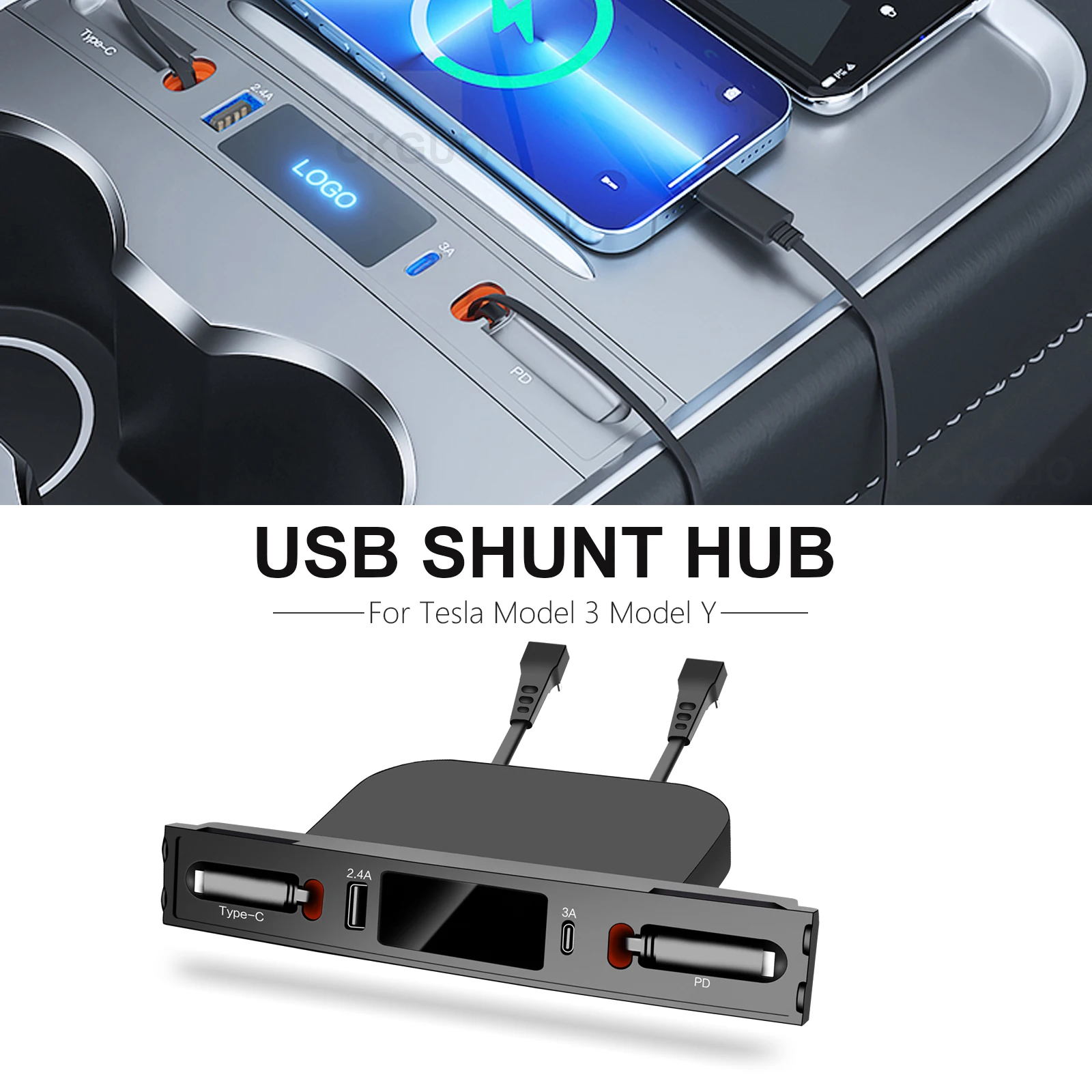 

For Tesla Model 3 Y Docking Station 27W PD Type C Hub Quick Charger USB LED Shunt Hub Extension Center Console Smart Sensor 2023