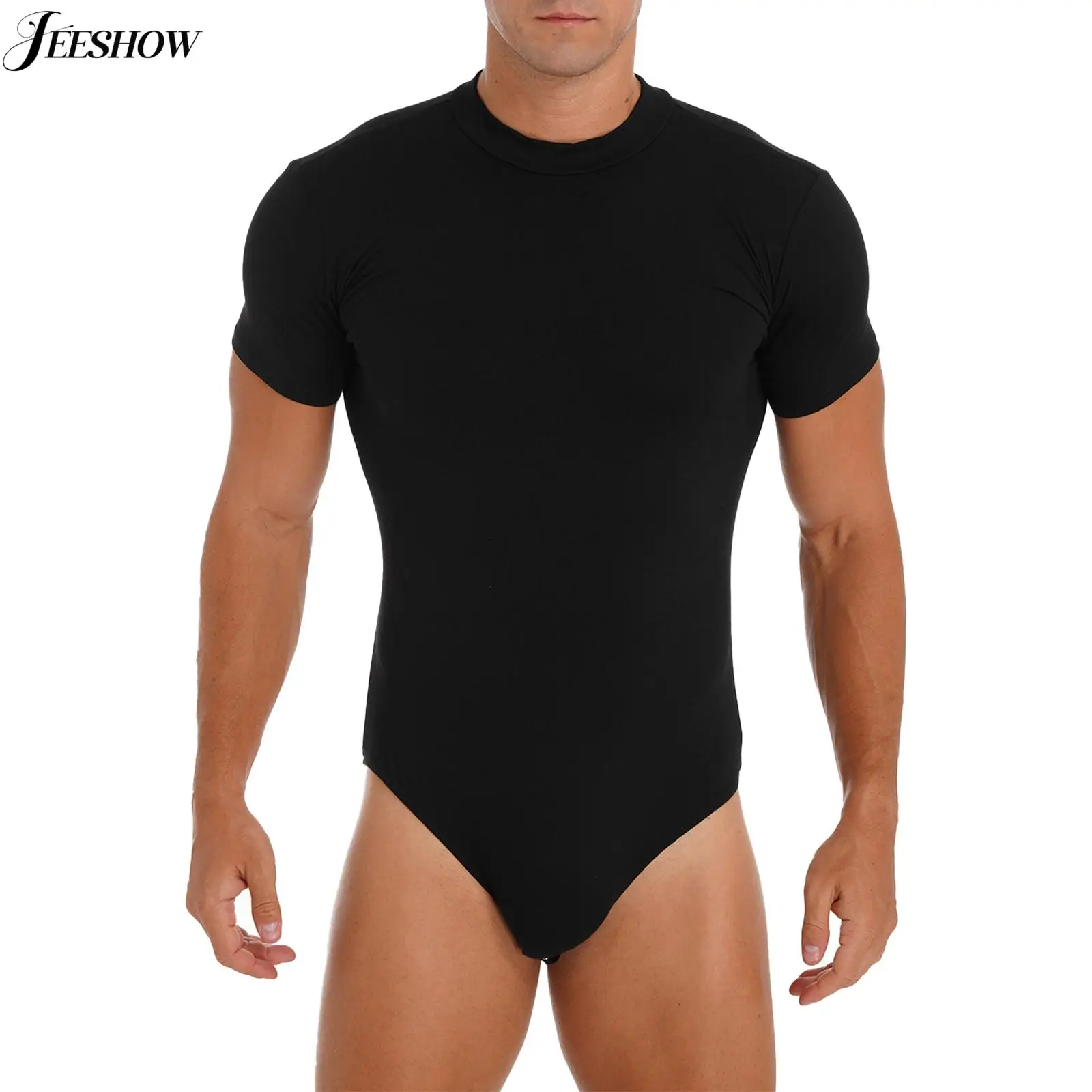 Mens Short Sleeve Leotard Undershirt Solid Color Crew Neck Press Button Crotch Bodysuit Tops Causal One Piece Rompers Shirt