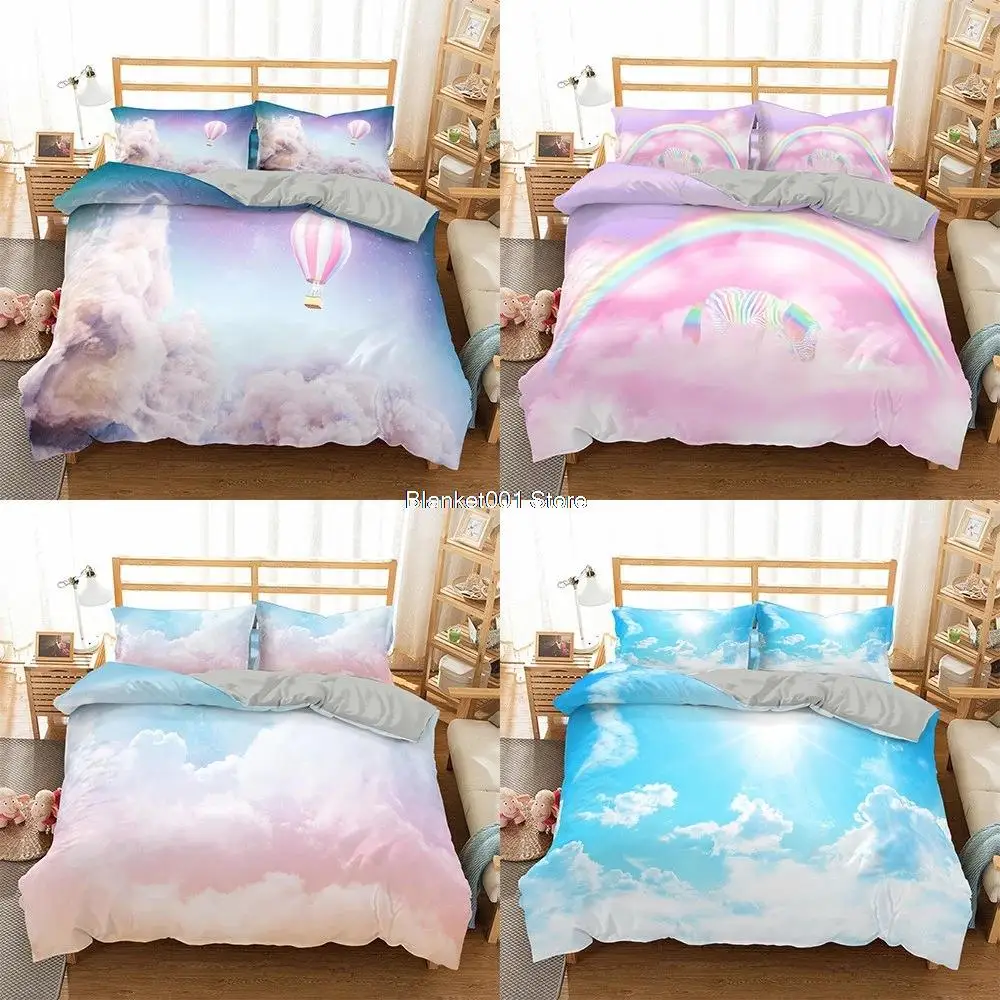 

Blue Sky Duvet Cover Comforter Bedding Set Luxury 2/3pcs Beautiful Quilt Cover Pink Hot Air Balloon Clouds Bed Linens