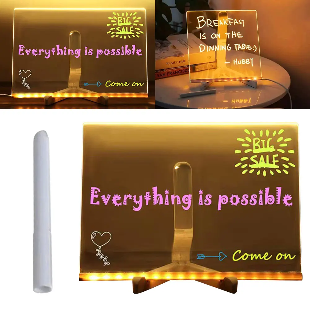 Acrylic Dry Erase Board Light Up Message Board Erasable Night Light Children Drawing Board for Office School Home