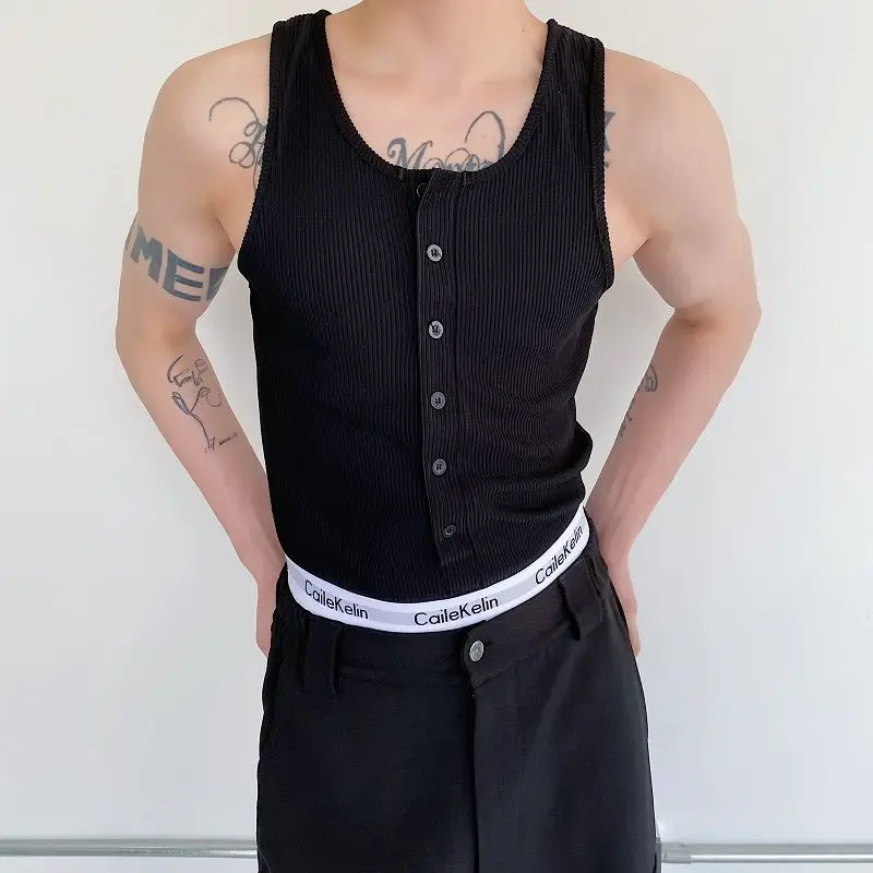 2024 Summer Boyfriend New Pullover O-Neck Spliced Button Fashion Solid Color Minimalist Sleeveless All-match Casual Tank Tops