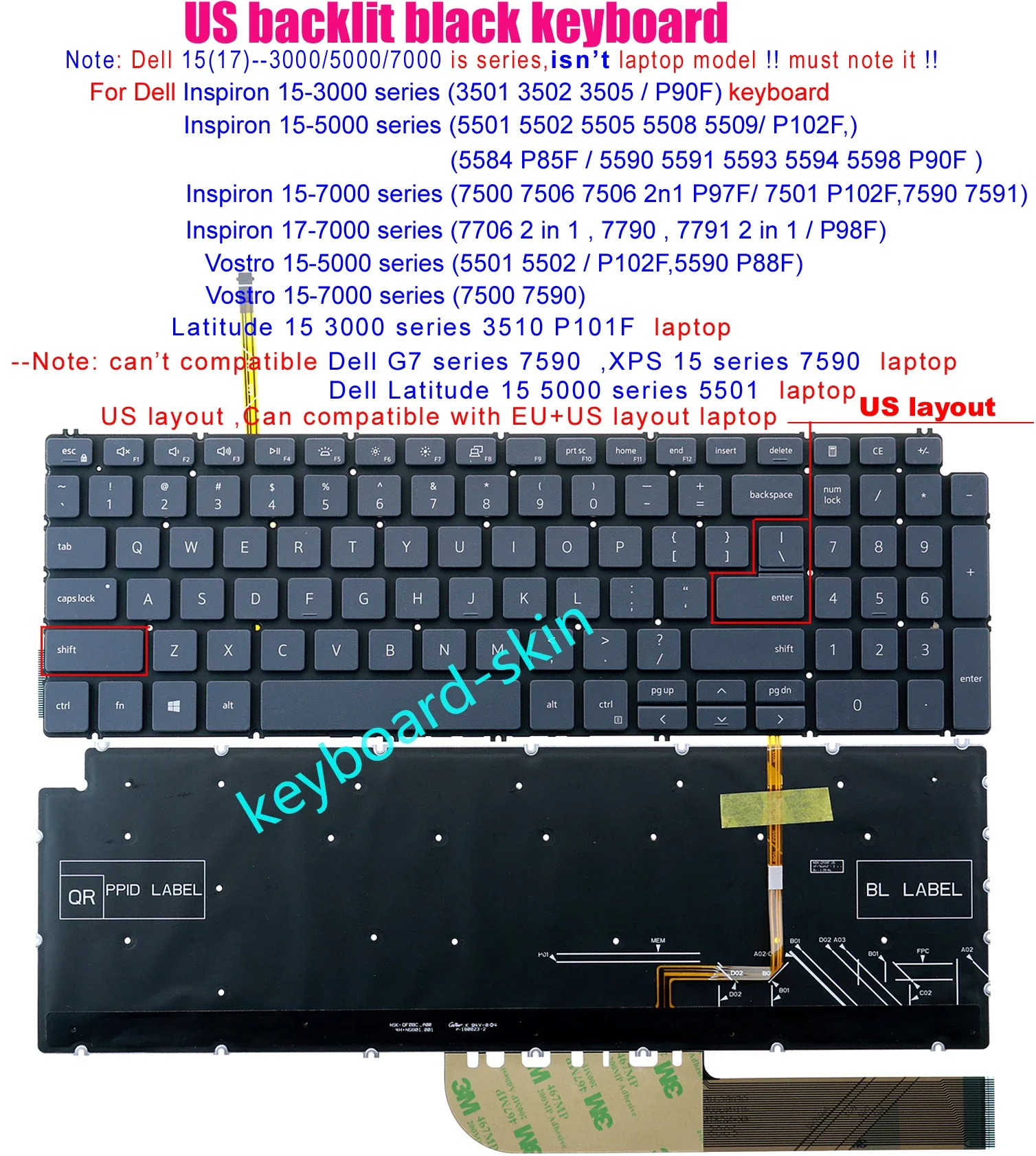 

New US black Keyboard with-Backlit for Dell Inspiron 15-3501 3502 3505 15-7590 15-7591 5584 5590 5591 5593 5594 5598 P85F P90F