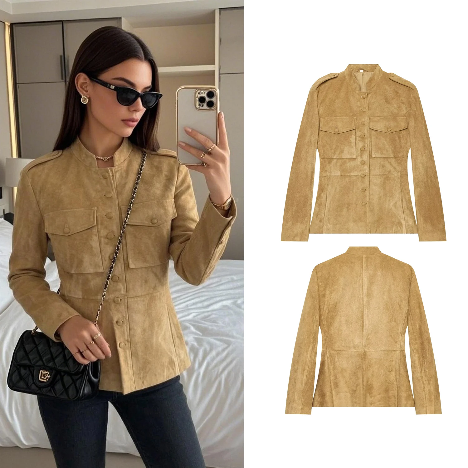 Women Khaki Slim Suede Jacket Autumn Winter Female Stand Single Breasted Long Sleeved Coats Lady Street Casual Chic Outwear Top