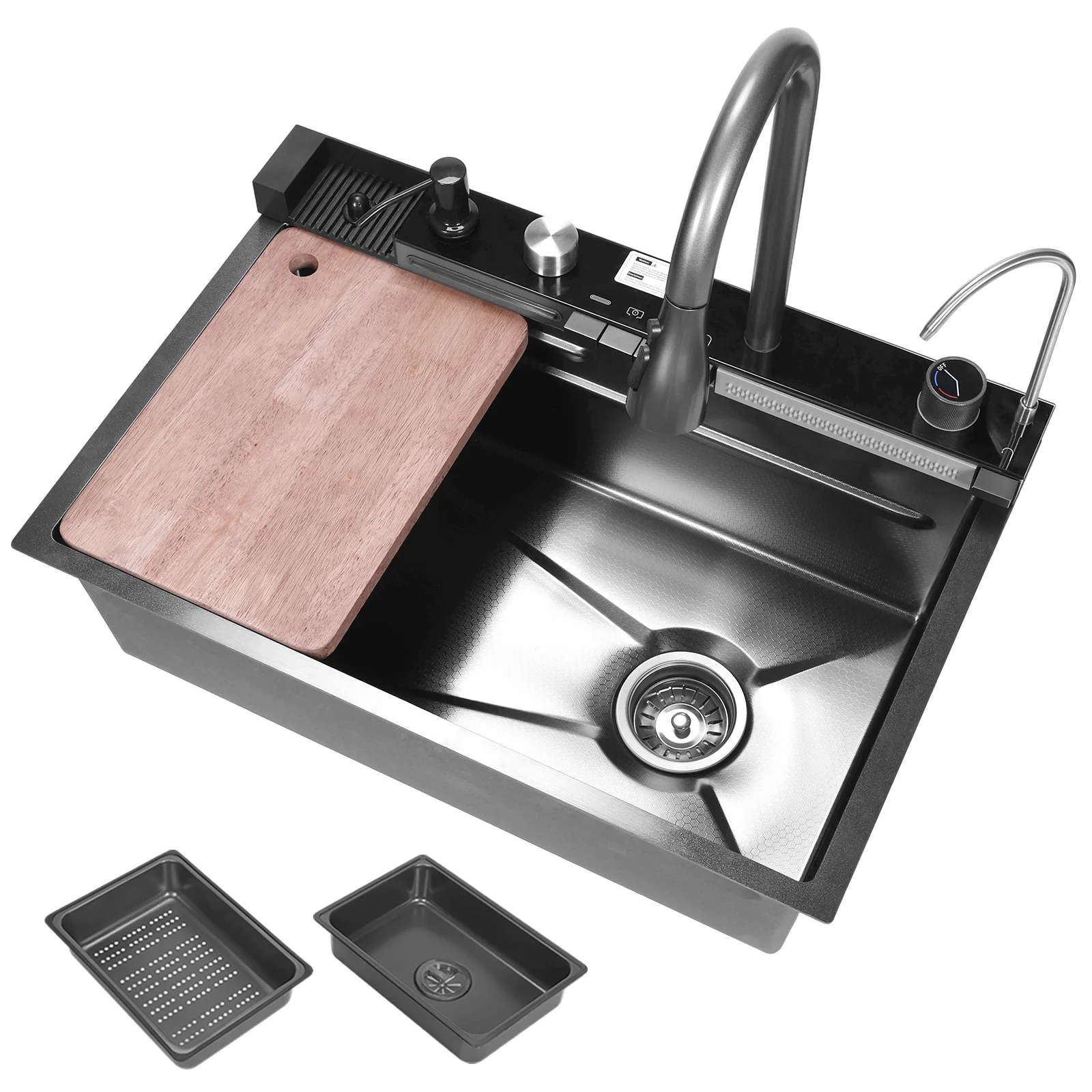 

Household Raindrop Waterfall Sinks Digital Display Integrated Basin Workstation with Pull-Out Swivel Faucet 5 Water Outlet Modes