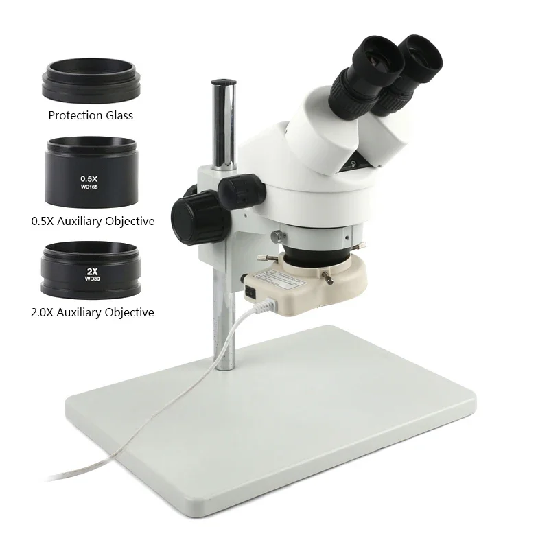 Microscope binoculaire stéréo avec support de grande taille, grossissement 7x-45x, n'aime continu 3,5X-90X, lentille d'objectif auxiliaire 0,5X 2X