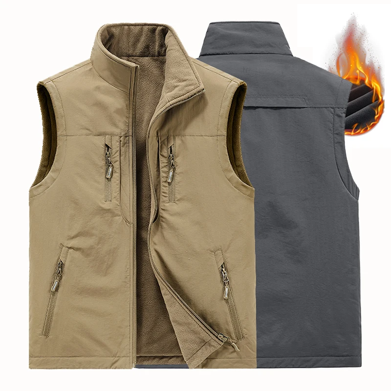 6XL Mens Double-sided Camping Vests Warm Fleece Multi-pocket Utility Casual Tactical Outerwear Outdoor Hiking Cargo Cotton Vests