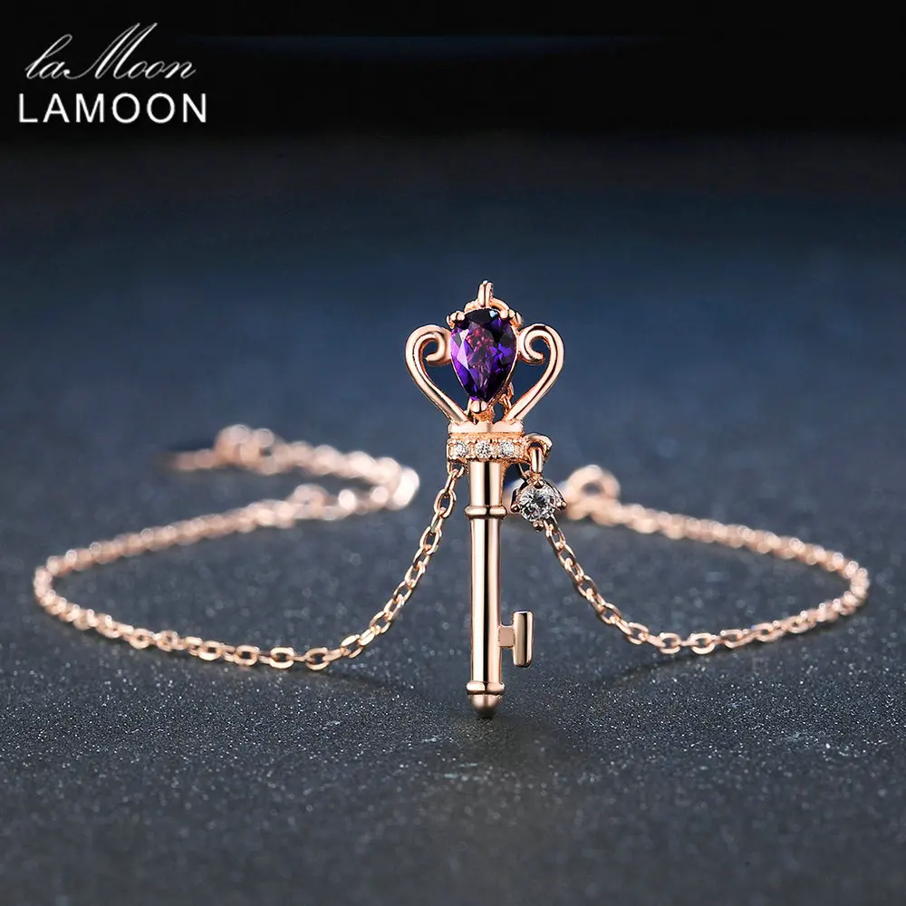 LAMOON Crown Key 6x4mm 0.4ct Natural Teardrop Amethyst 925 Sterling Silver Jewelry Rose Gold Plated S925 Charm Bracelet LMHI024