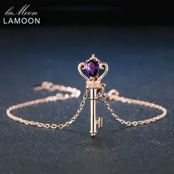 LAMOON Crown Key 6x4mm 0.4ct Natural Teardrop Amethyst 925 Sterling Silver Jewelry Rose Gold Plated S925 Charm Bracelet LMHI024