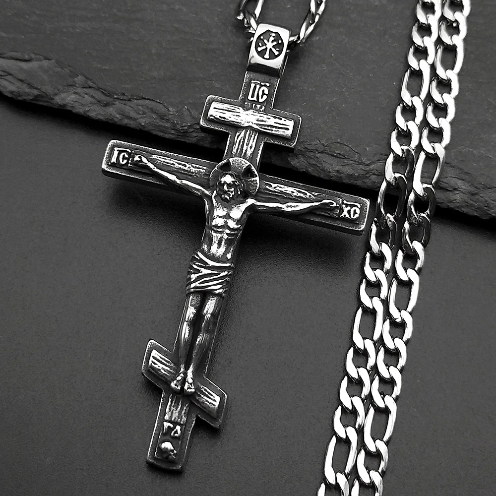 خمر الأرثوذكسية يسوع الصليب قلادة قلادة للنساء الرجال الفضة اللون الفولاذ المقاوم للصدأ الصليب المعمودية الهيب هوب سلسلة مجوهرات #4