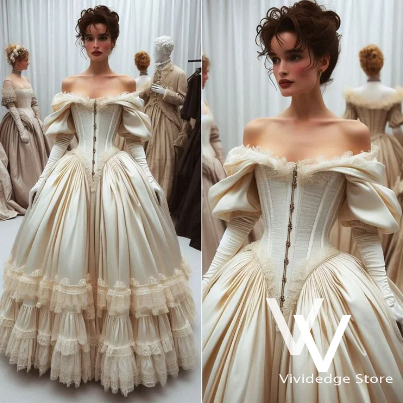Customized Off-Shoulder Vintage Weddings Dresses Victorian Corset Satin A-Line Pleated Bridal Gown vestido en liquidación