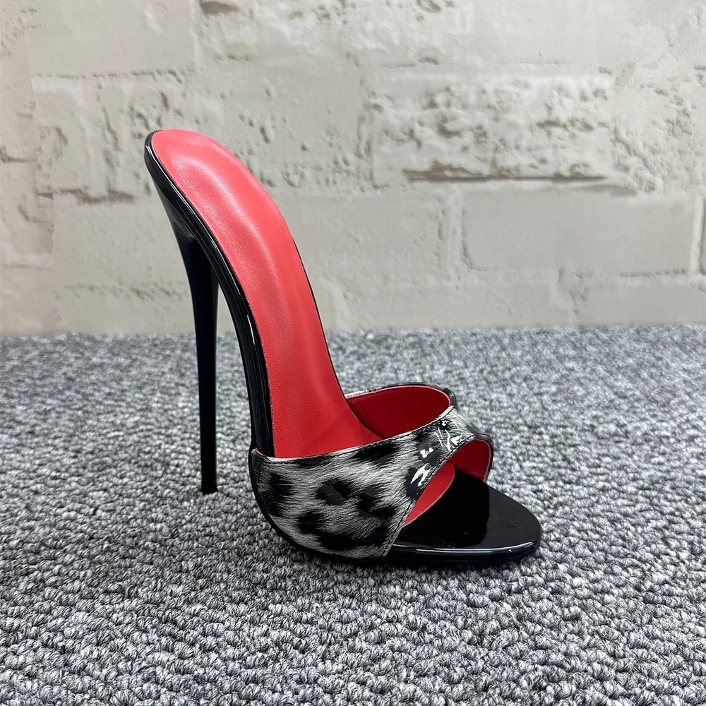 Peep Toe 16/14cm High Heeled Slippers,Leopard Patent Leather Slides,Fetish Cross-Dressing Summer Shoes,Blue,Grey,Custom Colors