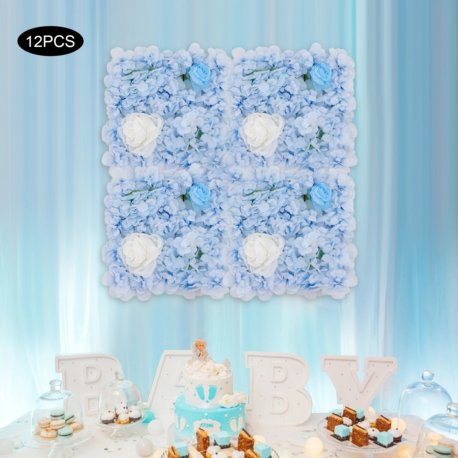 

12PCS Artificial Flower Wall Panels Silk Cloth Artificial Flower Wall Backdrop 38×38cm Wedding Decorative Flower Wall Blue White