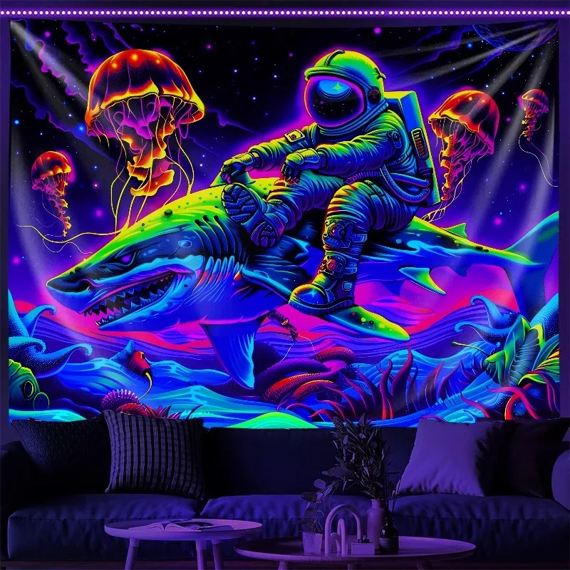 VIKAMA Neon Astronaut Alien Pizza Tapestry Psychedelic Galaxy Wall Hanging Funny Aesthetic Room Decor Z Generation Bedroom Decor