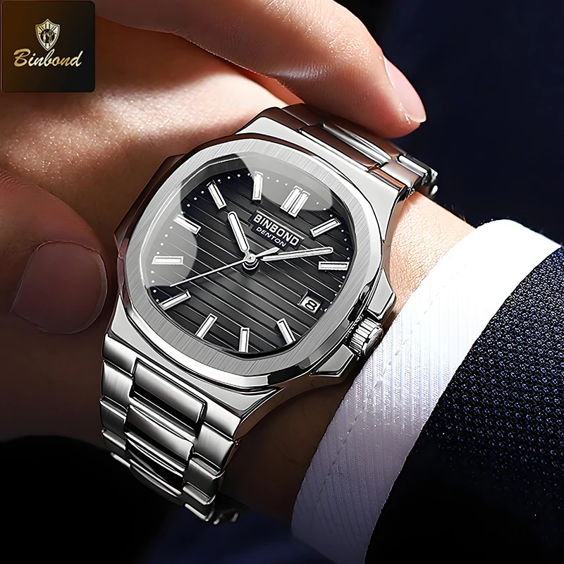 BINBOND หรูหราทหารนาฬิกากันน้ําวันที่สัปดาห์นาฬิกาผู้ชายสแตนเลสสตีลควอตซ์นาฬิกาผู้ชาย Reloj