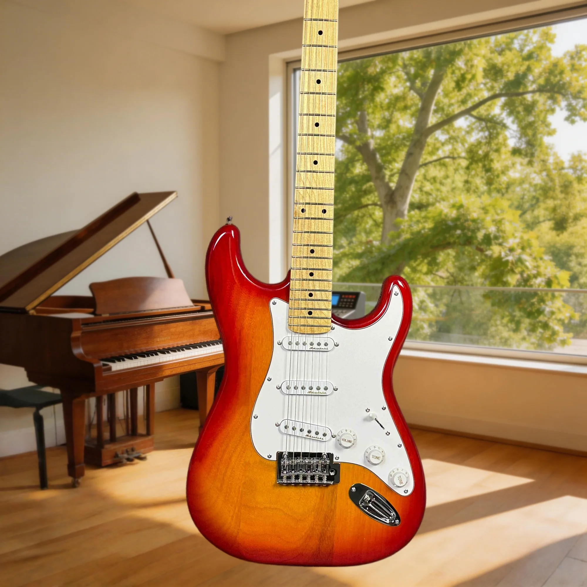 2026 Hot Special Offer Cherry Red Sunburst STGU Electric Guitar Maple Neck Mahogany Body SSS Pickup Fixed Bridge Free Shiping