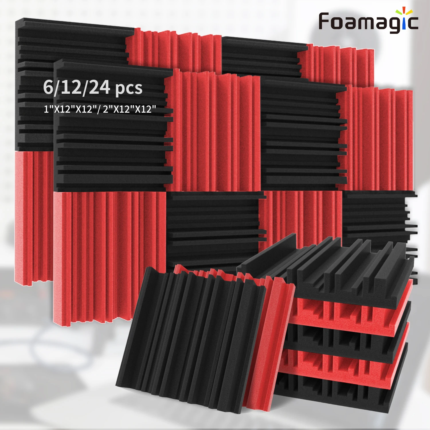 6/12/24 Pcs Acoustic Foam Panels Flame Retardant Sound Proof Foam Panels for Walls Ceilings Reduces Reverb Echo 12” x12“x2”