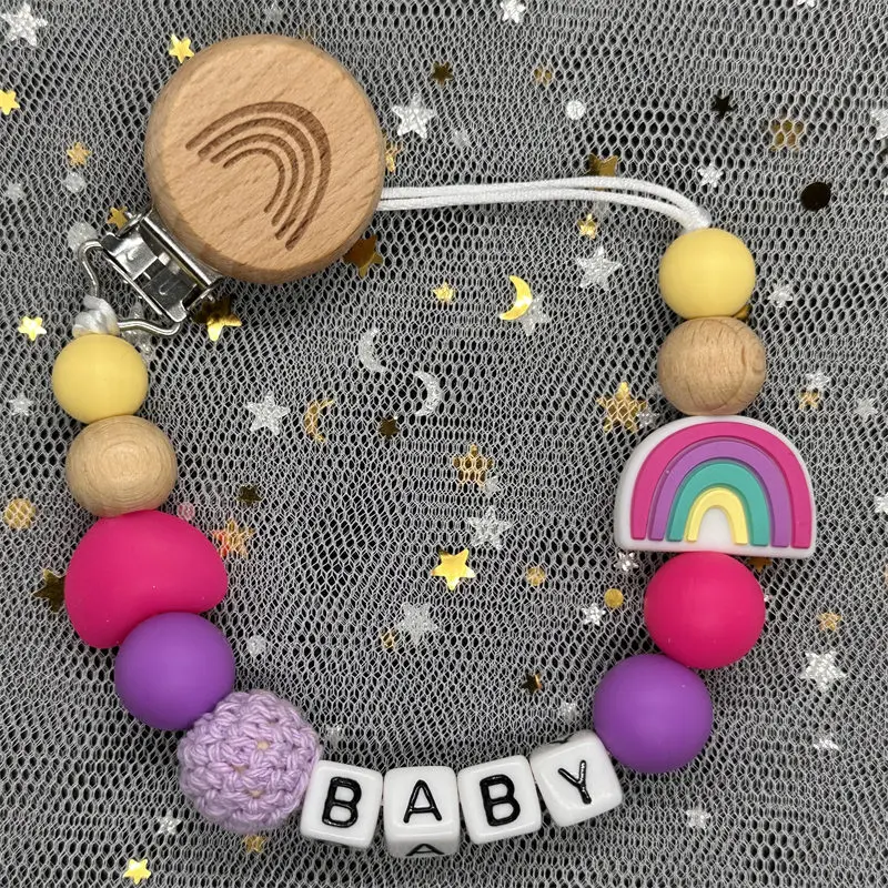 Handmade Custom Name Clips Pacifier Personalize Dummy Clips Holder Baby Silicone Rainbow Pacifier Holder Chain Baby Teether Gift