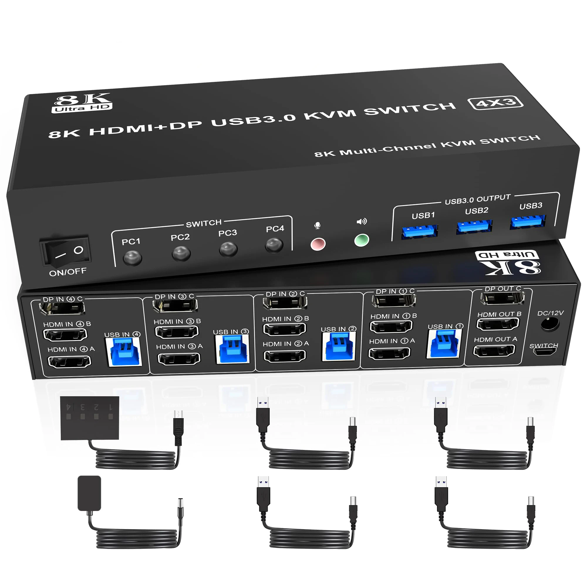 

8K KVM Switch 3 Monitors 4 Computers,DisplayPort + HDMI KVM Switch Triple Monitor for 4 Computer with Audio and 3 USB 3.0 Ports