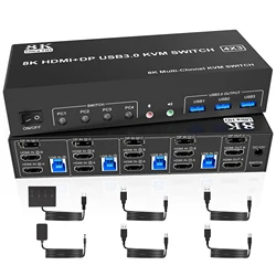 8K KVM Switch 3 Monitors 4 Computers,DisplayPort + HDMI KVM Switch Triple Monitor for 4 Computer with Audio and 3 USB 3.0 Ports